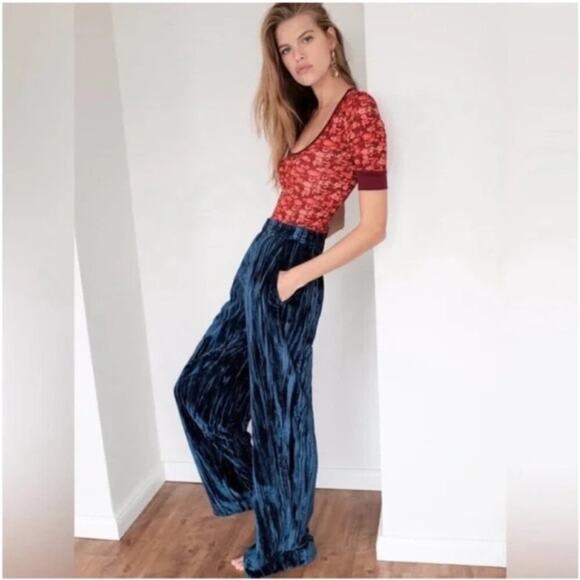 Free People Pants - Free People Crushed Velvet Wide Leg Pants in Blue Women's 0